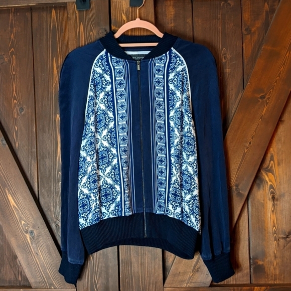 St. John Collection Kali tile-print crepe de Chine bomber jacket Navy Silk Blend